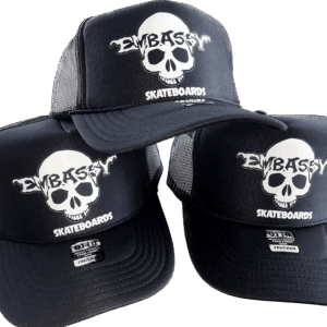 black trucker cap white skully print