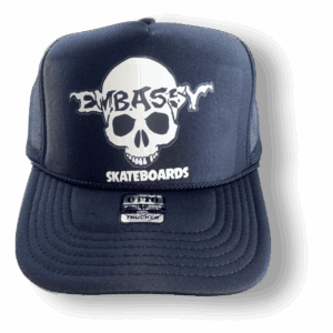 black trucker cap white skully print