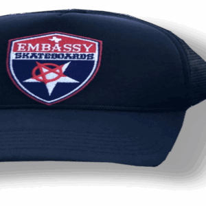 embassy shield logo on black trucker cap