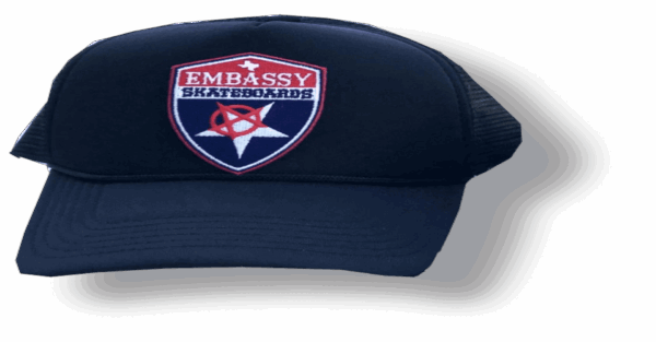 embassy shield logo on black trucker cap